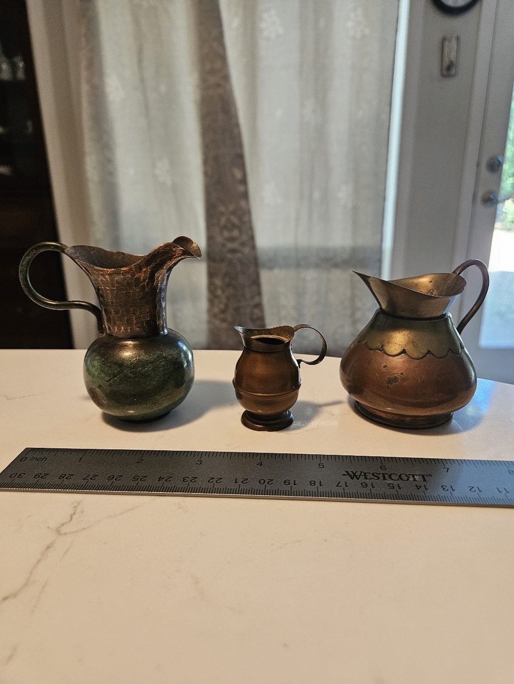 Trio Of Copper, Brass And Metals Miniature Pitchers